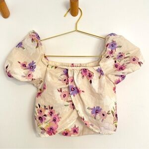 Zara Cream Purple Floral Cropped Puff Sleeve Faux Wrap Drape Feminine Blouse 10